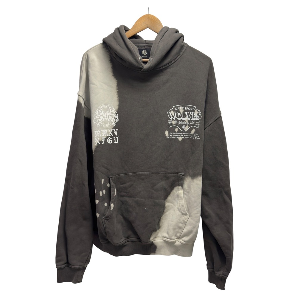 Darc Sport Men's Large Grey Acid Wash Wolves Bodybuilding Club Hoodie Sweatshirt